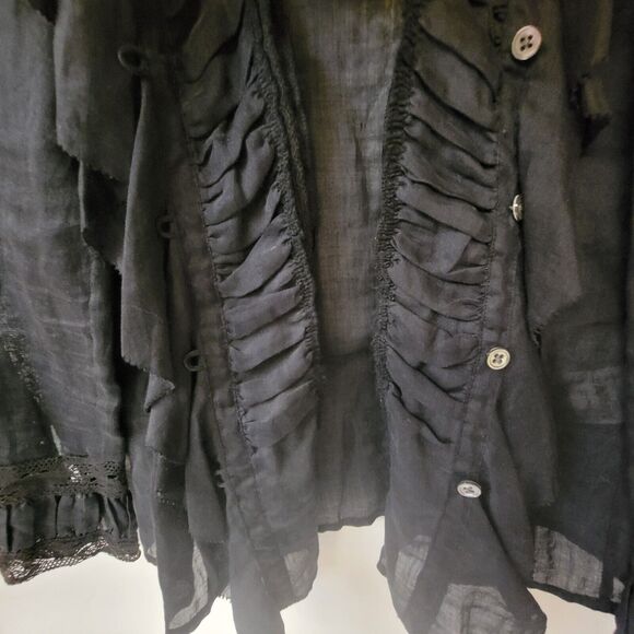 DKNY Black Ruffled Lace Inserts Buttons Down Women Blouse Size 4 - Picture 3 of 9